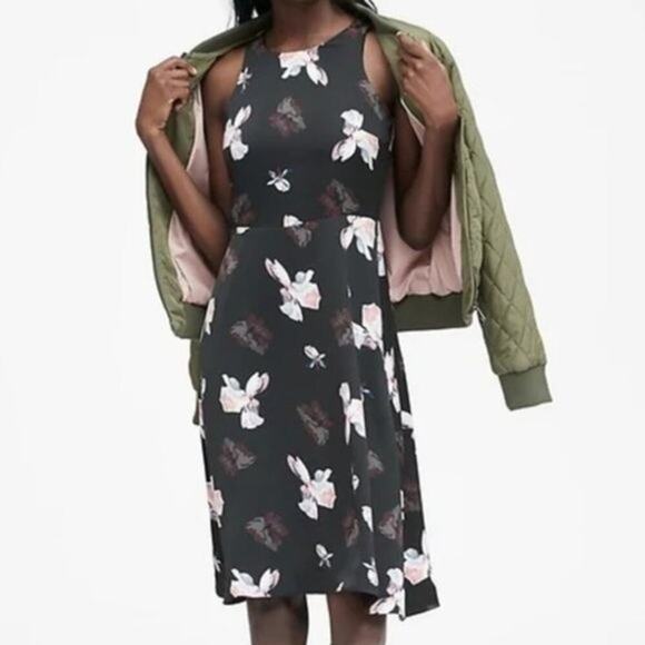 Banana Republic Floral Racerback Fit & Flare Black Dress Size 4 Party Skater - Picture 1 of 11
